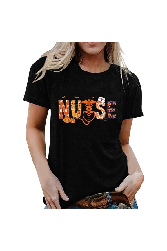 Women Halloween Nurse Pumpkin Print Top Loose Fit Crew Neck Short Sleeve Medical Holiday Tee Shirt
