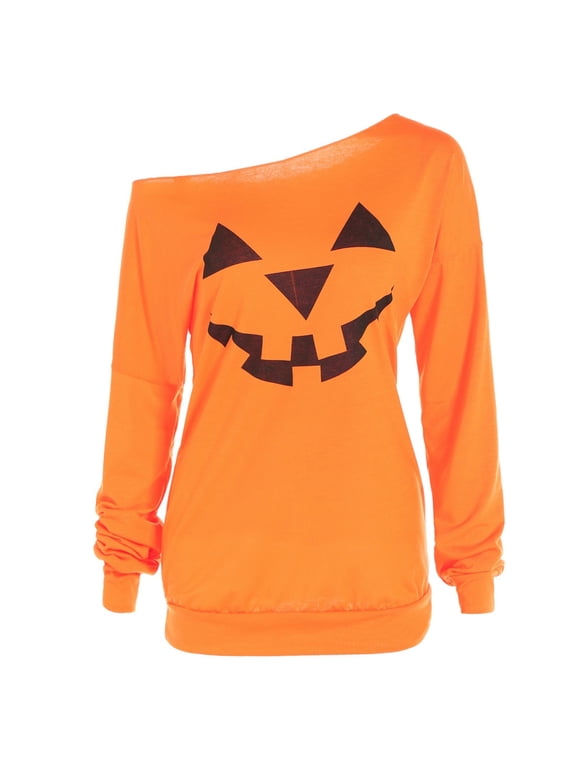 Women Halloween Off-The-Shoulder Sweatshirt Pumpkin Smile Print Long Sleeve Winter Sweater Tee T Shirt Top