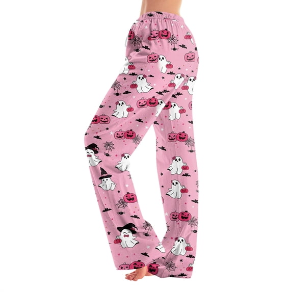 Women Halloween Pajama Pants Pumpkin Ghost Print Elastic High Waisted Lightweight Soft Long Bottoms Lounge Pants 2XL