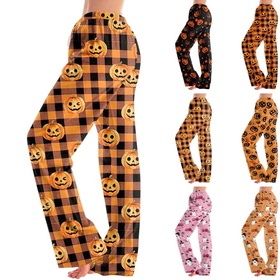 Women Halloween Pajama Pants Pumpkin Ghost Print Elastic High Waisted Lightweight Soft Long Bottoms Lounge Pants L
