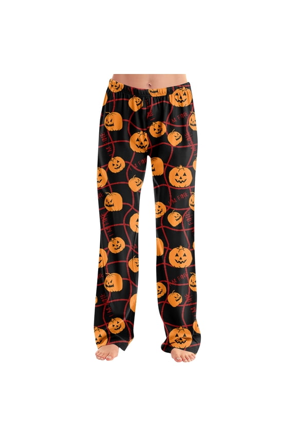 Women Halloween Pajama Pants Pumpkin Ghost Print Wide Leg Lounge Pants Casual Loose Yoga Sweatpants