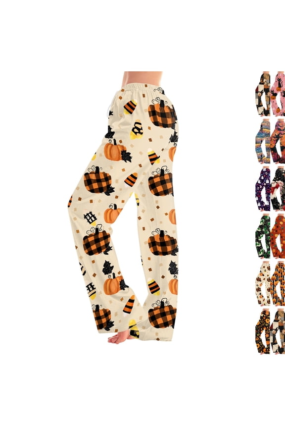 Women Halloween Pajama Pants Soft Wide Leg Sleep Pants Elastic Waist LoungeWear Skeleton Ghost Cute Print Casual Trousers Fall Halloween Party Home Wear,L,Khaki