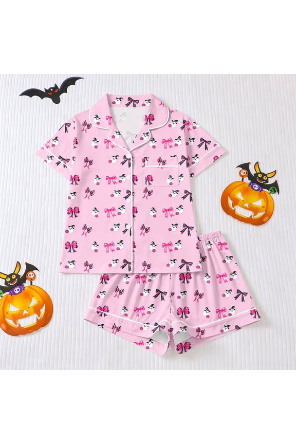 Women Halloween Pajama Set Short-Sleeve Button-Down Shirt and Shorts Sleepwear Spooky Pumpkin Ghost Graphic Loungewear Outfit for Fall Season Relaxing