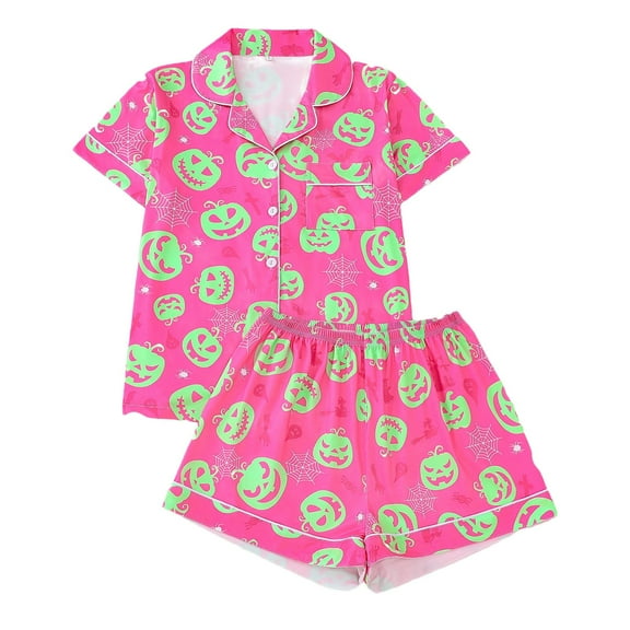 Women Halloween Pajama Sets 2 Piece Funny Print Short Sleeve Button Up Lightweight Soft Nightwear And Shorts Relaxed Fit Womens Pj Set