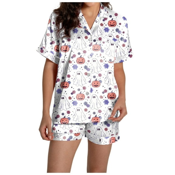 Women Halloween Pajama Sets Buttery Breathable Ghost Graphic Short Sleeve Button Down Shirts and Shorts Relaxed Fit 2 Piece Sleepwear Womens Pjs