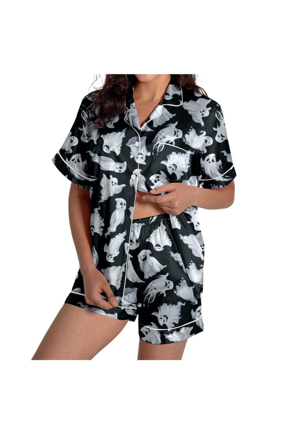 Women Halloween Pajama Sets Unlined Cushiony Ghost Graphic Button Down Short Sleeve Shirts and Shorts 2 Piece Nightwear Relaxed Fit Pjs Sets for Women
