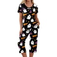 thumbnail image 1 of Women Halloween Pajamas Set Print Halloween Pj Set 2-Piece Outfit Short Sleeve Top and 7/8 Pants for Parties, Daily Wear Black L, 1 of 4