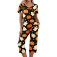 thumbnail image 1 of Women Halloween Pajamas Set Print Halloween Pj Set 2-Piece Outfit Short Sleeve Top and 7/8 Pants for Parties, Daily Wear White S, 1 of 3