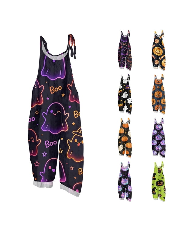 Women Halloween Pattern Print Bib Overalls Loose Fit Cotton Linen Jumpsuit Casual Sleeveless Suspender Pants Fall Festival Costume Outfits 2XL
