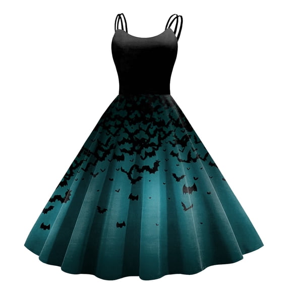 Women Halloween Print Sleeveless 1950s Evening Party Tennis Prom Dress for Women Casual Wear Blue M