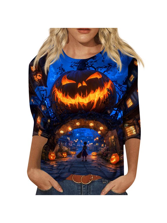 Women Halloween Print Top 3/4 Sleeve Crew Neck Lightweight Casual Blouse Relaxed Fit Fall Party Shirt Blue 3XL