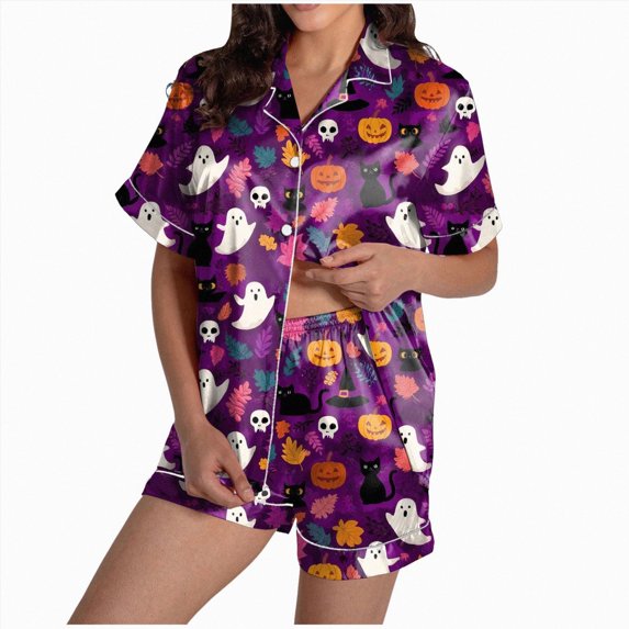 Women Halloween Printed Lapel Button Short Sleeve Shorts Pajama Set 2PC Home Set Matching Sets