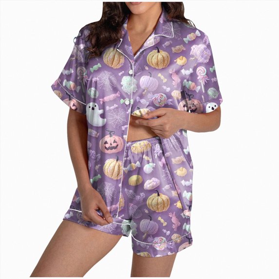 Women Halloween Printed Lapel Button Short Sleeve Shorts Pajama Set 2PC Home Set Matching Sets