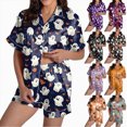 thumbnail image 1 of Women Halloween Printed Lapel Button Short Sleeve Shorts Pajama Set 2PC Home Set Matching Sets, 1 of 6