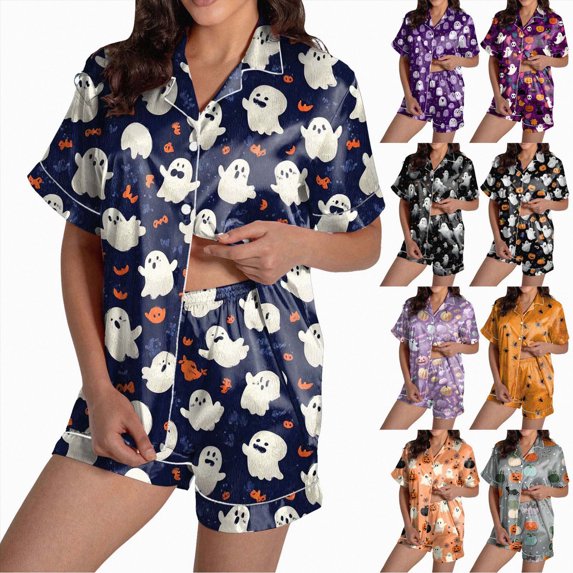 Women Halloween Printed Lapel Button Short Sleeve Shorts Pajama Set 2PC Home Set Matching Sets