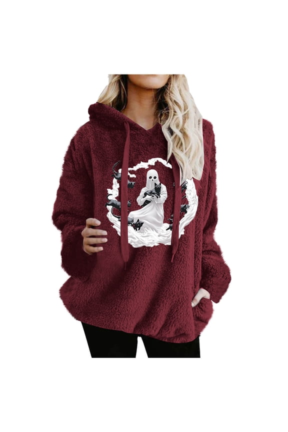 Women Halloween Pumpkin Casual Hoodies Double-sided Fleece Warm Pullover Sherpa Outerwear with Pockets