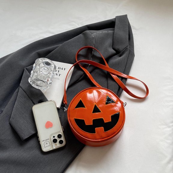 Women Halloween Pumpkin Crossbody Bag Round PU Leather Adjustable Strap Satchel Bag Funny Purse Creative Devil Shoulder Bag