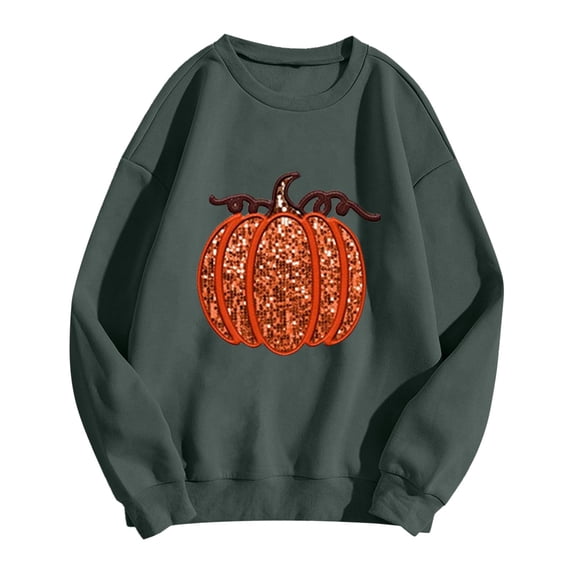 Women Halloween Pumpkin Graphic Oversized Sequin Pullover Crew Neck Fall Sweatshirts