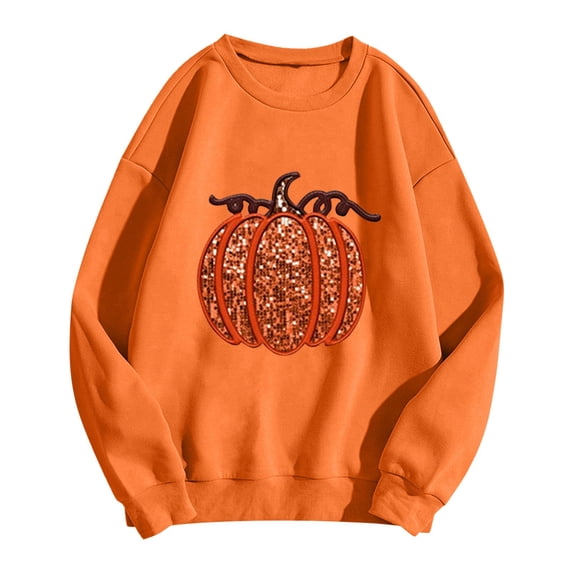 Women Halloween Pumpkin Graphic Oversized Sequin Pullover Crew Neck Fall Sweatshirts