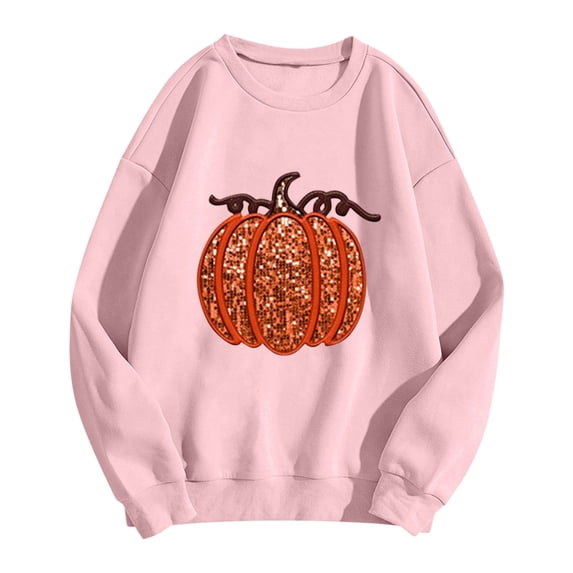 Women Halloween Pumpkin Graphic Oversized Sequin Pullover Crew Neck Fall Sweatshirts