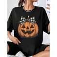 thumbnail image 1 of Women Halloween Pumpkin Graphic Tee Black Short Sleeve T Shirt With Plaid Bow Knot Print Casual Fall Top, 1 of 5