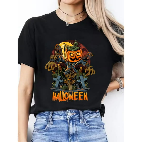 Women Halloween Pumpkin Scarecrow Graphic Tee Top Short Sleeve Round Neck Comfort Trendy T-Shirt Black S-5XL