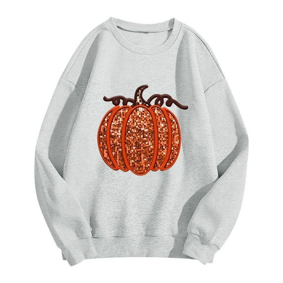 Women Halloween Pumpkin Sequin Sweatshirt Cute Fall Graphic Long Sleeve Crew Neck Tops Casual Vintage Relaxed Fit Blouses
