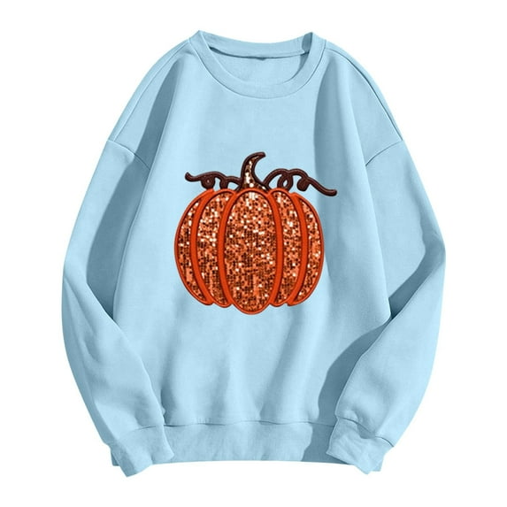 Women Halloween Pumpkin Sequin Sweatshirt Cute Fall Graphic Long Sleeve Crew Neck Tops Casual Vintage Relaxed Fit Blouses