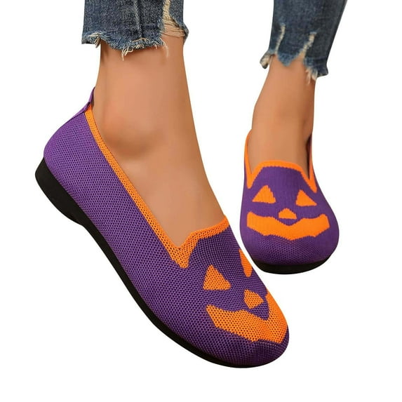 Women Halloween Pumpkin Shoes Ghost Pattern Loafers Soft Comfortable Knitted Slip on Flats Cute Spooky