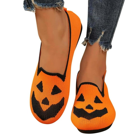 Women Halloween Pumpkin Shoes Ghost Pattern Loafers Soft Comfortable Knitted Slip on Flats Cute Spooky