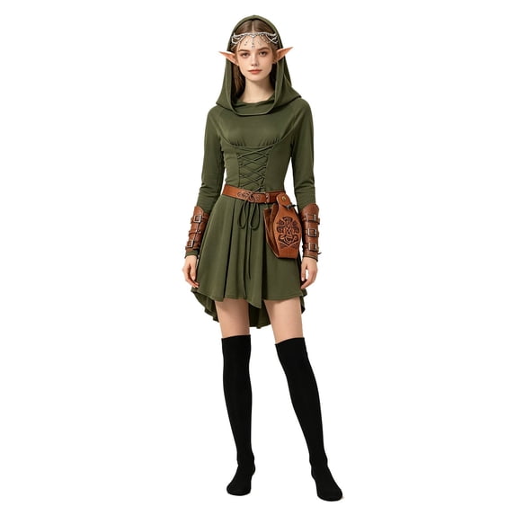 Women Halloween Renaissance Elf 7‑Piece Dress Set, Adjustable Lace‑Up High‑Low Hem Vintage Hooded Dress for Themed Party & Get‑Togethers