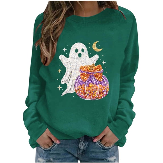 Women Halloween Rhinestone Graphic Crew Neck Sweatshirt, Long Sleeve Fall Casual Pullover Top for Holiday Daily Wear(Dark Green1,XXL)
