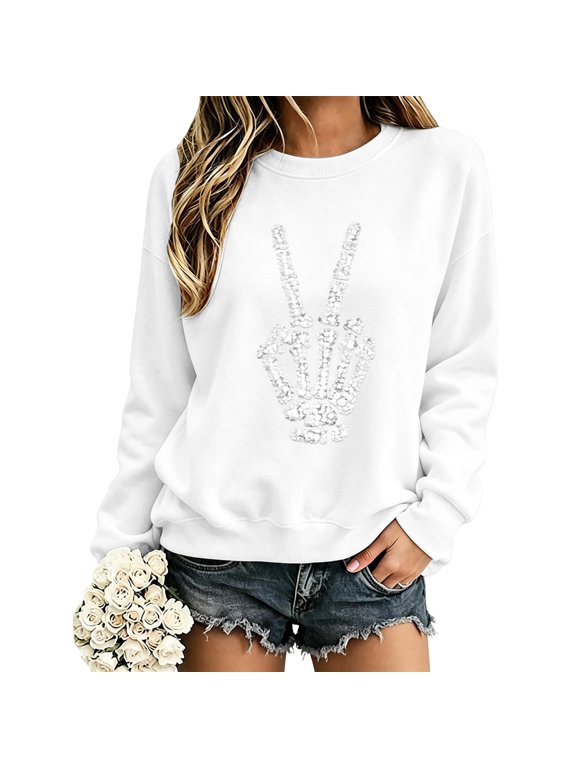 Women Halloween Rhinestone Skeleton Peace Hand Print Crewneck Sweatshirt, Casual Long Sleeve Loose Fit Sparkly Graphic Pullover Top Soft Sweater for Daily Holiday Wear(White,XXL)