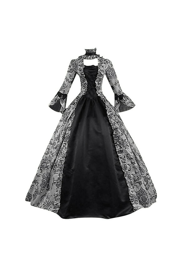 Women Halloween Rococo Gown Gothic Printing Costumes Patchwork Long Maxi Dress Masquerade Theme Dresses Black 5XL