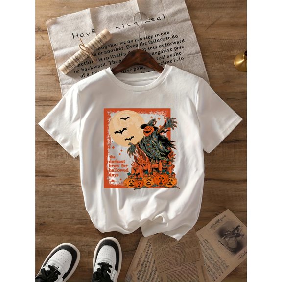 Women Halloween Scarecrow Bats Graphic Tee Design Short Sleeve Round Neck Comfort Trendy T-Shirt White S-5XL