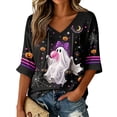 thumbnail image 1 of Women Halloween Shirt 2026 Oversized Cute Funny Plus Size 3/4 Sleeve Tops Skeleton Skull Printed Ghost Graphic T-Shirts Black,M, 1 of 5