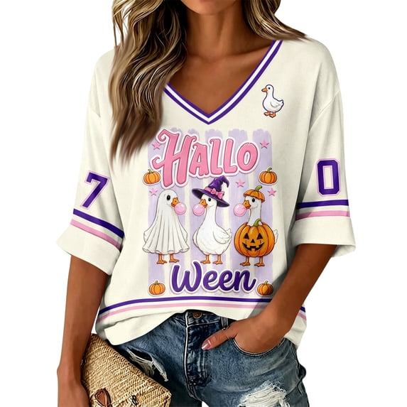Women Halloween Shirt 2026 Oversized Cute Funny Plus Size 3/4 Sleeve Tops Skeleton Skull Printed Ghost Graphic T-Shirts White,L