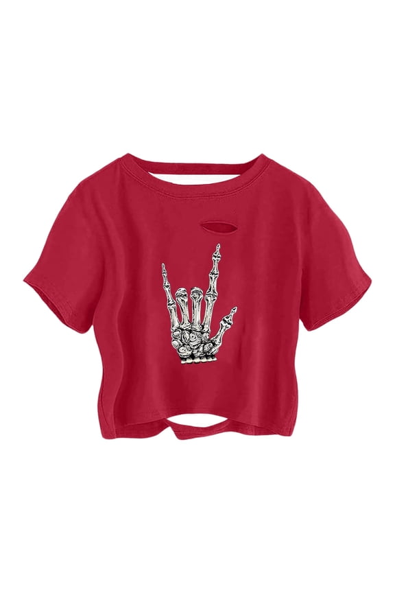 Women Halloween Skeleton Print Crop Top Short Sleeve Round Neck Distressed Ripped Hole Gothic Streetwear Tee