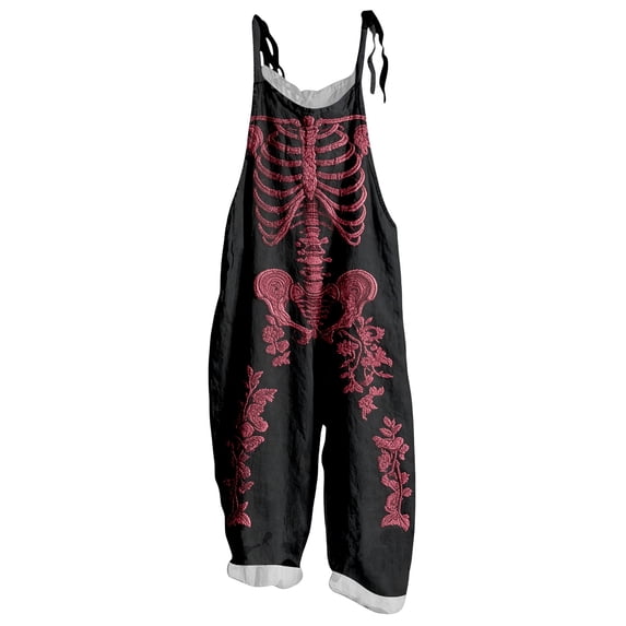 Women Halloween Skeleton Print Jumpsuit Scary Cute Piece Outfit With Adjustable Waist Stretchy Romper Black