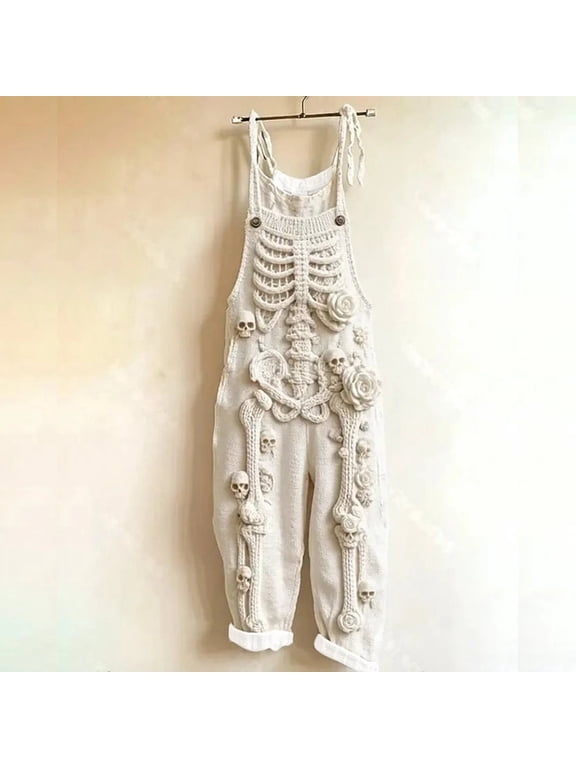 Women Halloween Skeleton Print Jumpsuit Scary Cute Piece Outfit With Adjustable Waist Stretchy Romper