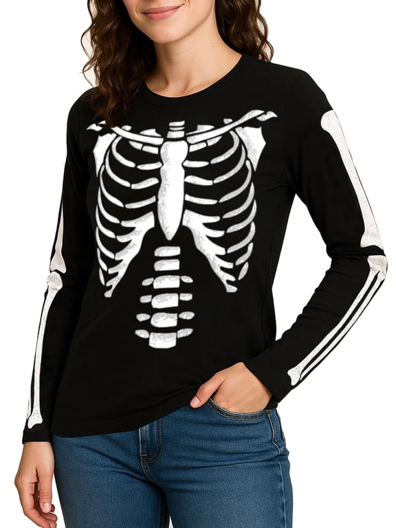 Women Halloween Skeleton Shirt Casual Rib Cage Graphic Long Sleeve Black Costume Top (S)