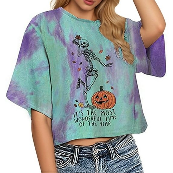 Women Halloween Skeleton T Shirts Funny Cute Pumpkin Short Sleeve Crop Tops Fall Trendy Crewneck Relaxed Fit Workout Tees Z001-Green L