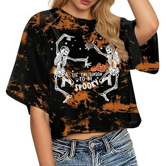Women Halloween Skeleton T Shirts Funny Cute Pumpkin Short Sleeve Crop Tops Fall Trendy Crewneck Relaxed Fit Workout Tees Z003-Black M