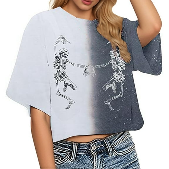 Women Halloween Skeleton T Shirts Funny Cute Pumpkin Short Sleeve Crop Tops Fall Trendy Crewneck Relaxed Fit Workout Tees Z004-Light Gray XXL
