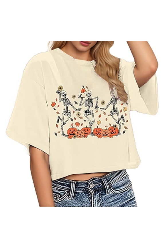 Women Halloween Skeleton T Shirts Funny Cute Pumpkin Short Sleeve Crop Tops Fall Trendy Crewneck Relaxed Fit Workout Tees Z006-Beige S