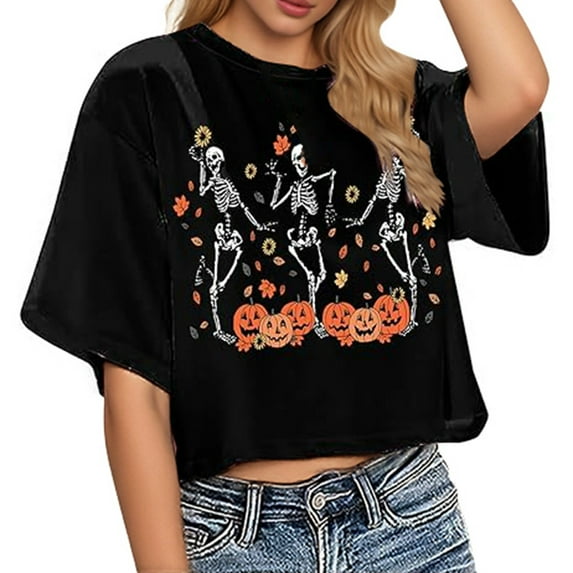 Women Halloween Skeleton T Shirts Funny Cute Pumpkin Short Sleeve Crop Tops Fall Trendy Crewneck Relaxed Fit Workout Tees Z006-Black XL