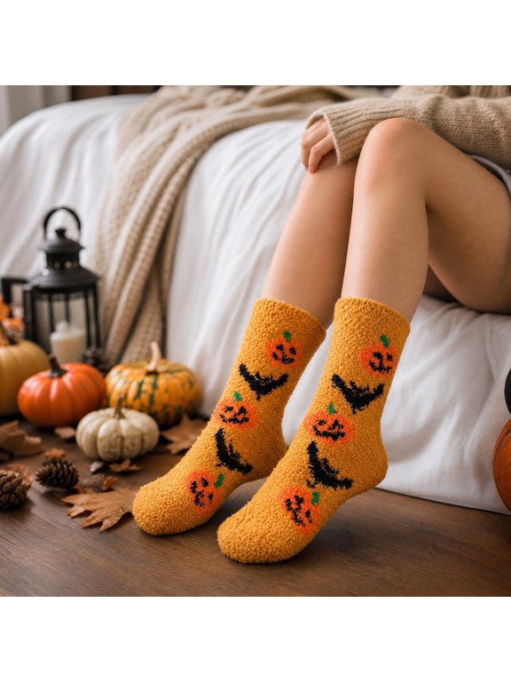 Women Halloween Socks, Cute Funny Novelty Crew Socks, Warm Thick Cozy Autumn Winter Holiday Socks, Orange Black Purple Witch Ghost Pumpkin Patterned Socks, Festive Seasonal Gift Socks for Ladies