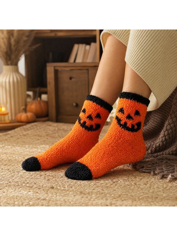 Women Halloween Socks, Cute Funny Novelty Crew Socks, Warm Thick Cozy Autumn Winter Holiday Socks, Orange Black Purple Witch Ghost Pumpkin Patterned Socks, Festive Seasonal Gift Socks for Ladies