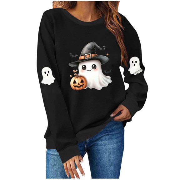 Women Halloween Sweatshirt Cute Ghost Graphic Pullover Top Funny Pumpkin Print Crewneck Spooky Season