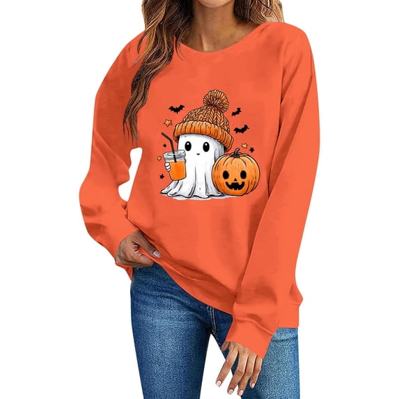 Women Halloween Sweatshirt Cute Ghost Pumpkin Printed Pullover Shirts Round Neck Long Sleeved Casual Sweatshirt Fall Loose Outfits Halloween Clothes
